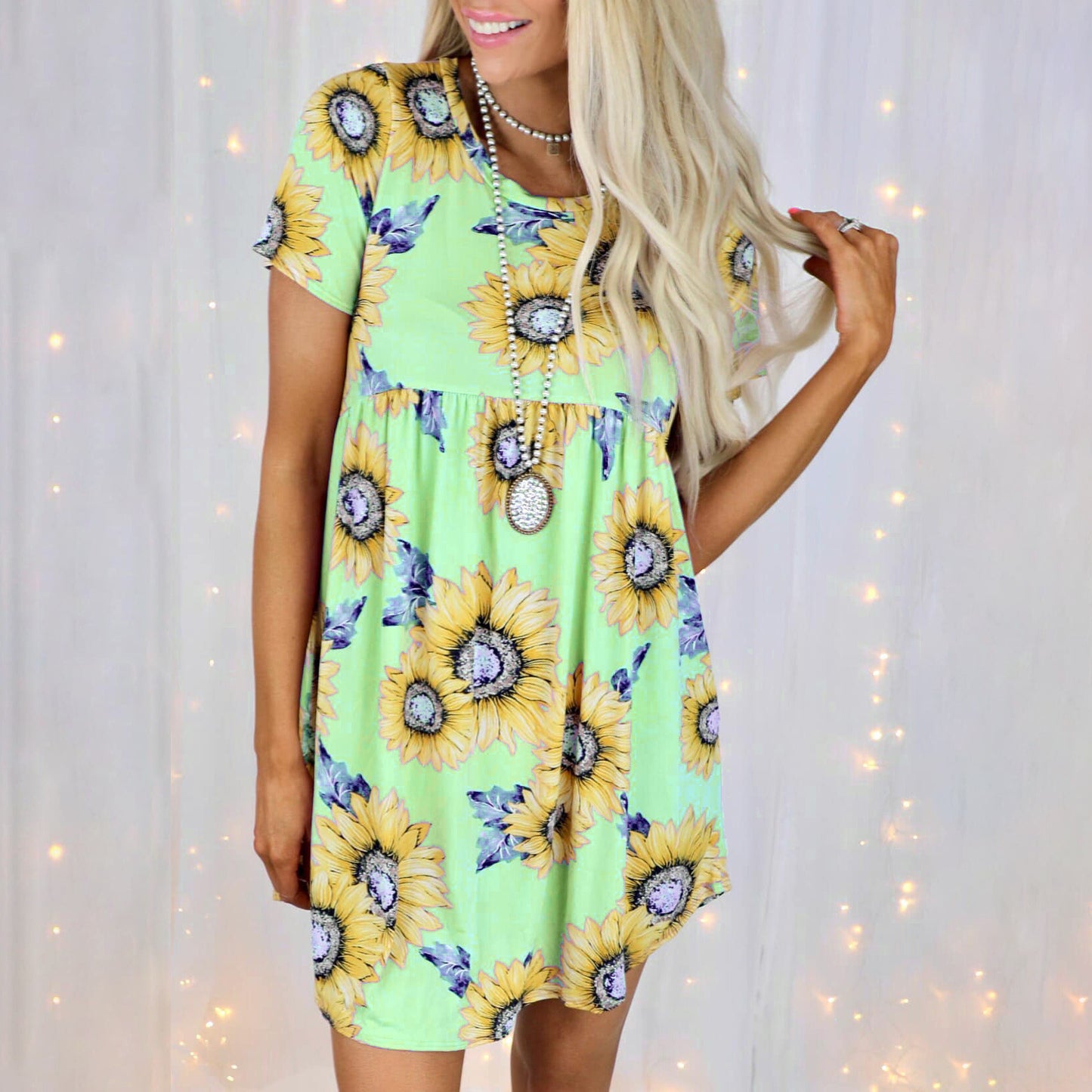 Summer New Sunflower Print Short Sleeve Round Neck Loose Dress