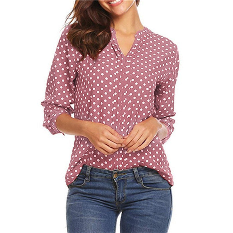 Europe and The United States Dot Print V-neck Long-sleeved Sleeves Loose Ladies Chiffon Shirt Women