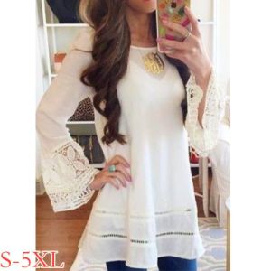 summer new fashion women's chiffon lace stitching sexy long-sleeved shirt