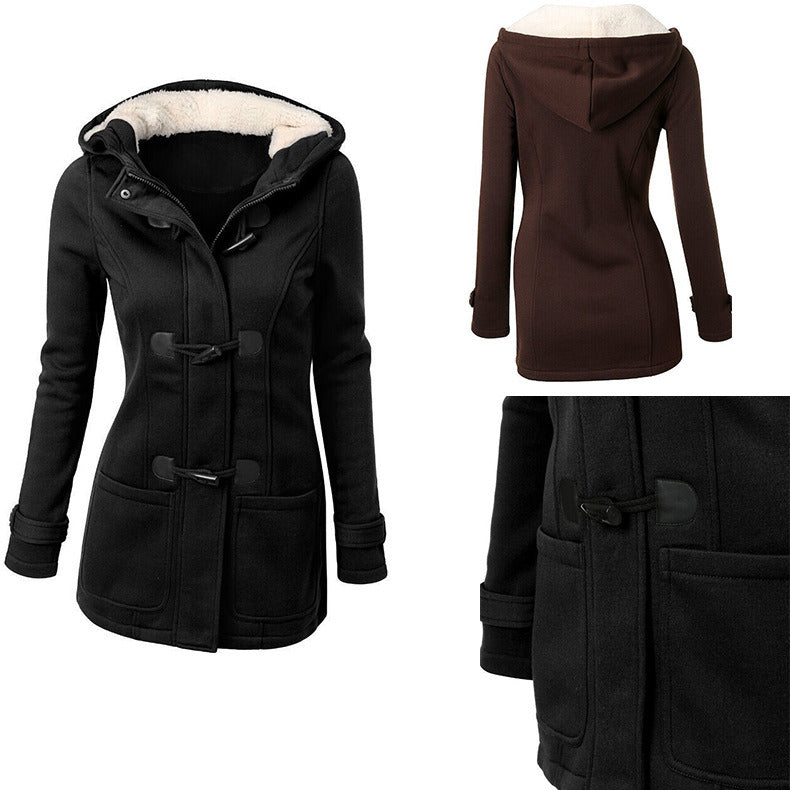 Autumn and Winter New Thicken Large Size Horn Buckle Hooded Woolen Coat Women's Clothing