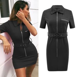 Spring and Summer New Hot Lapels Short Sleeve Bag Hip Dress