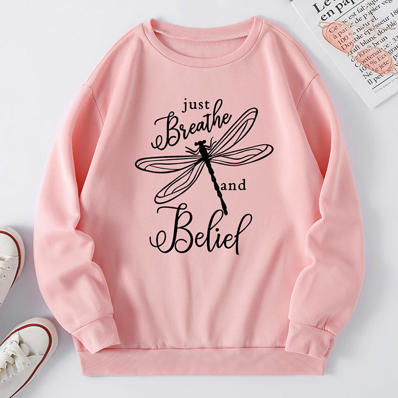 Women's Dragonfly letter print round neck Plush large version women's sweater