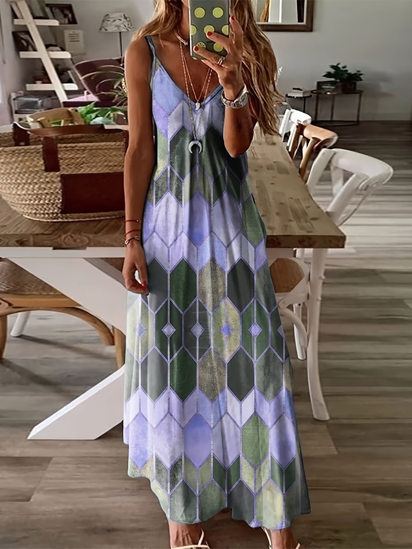 Plus Size Geometric Print Cami Maxi Dress; Women's Plus Spaghetti Strap V Neck Casual Long Dress