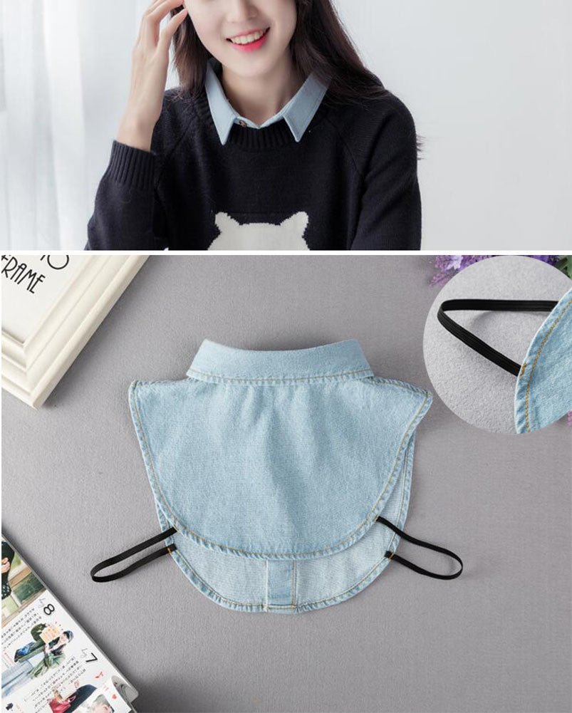 Stylish Unisex Denim Half Shirt Blouse False Collar Solid Color Detachable Light Blue