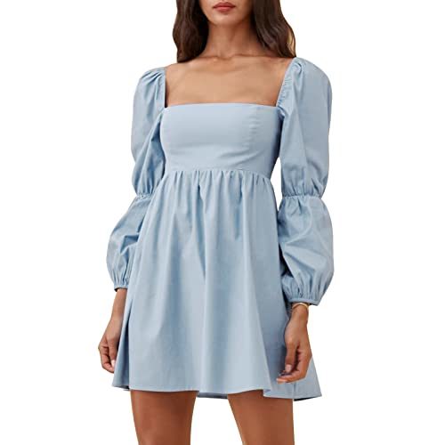 Womens Square Neck Dress Long Puff Sleeve A-Line Casual Short Mini Dress