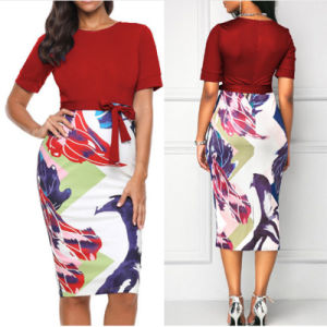 summer new women's sexy slim round neck short-sleeved printed stitching dress