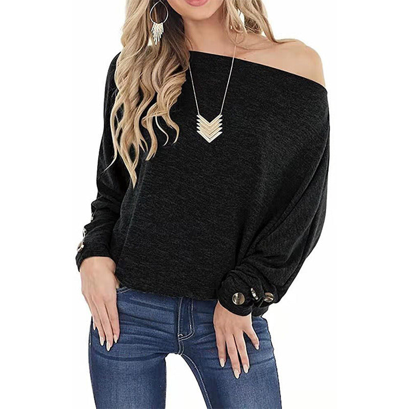 autumn and winter new women's tops solid color one-shoulder button long-sleeved t-shirt