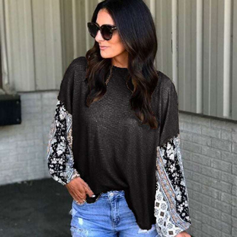 autumn and winter new round neck lace stitching long sleeve casual T-shirt female