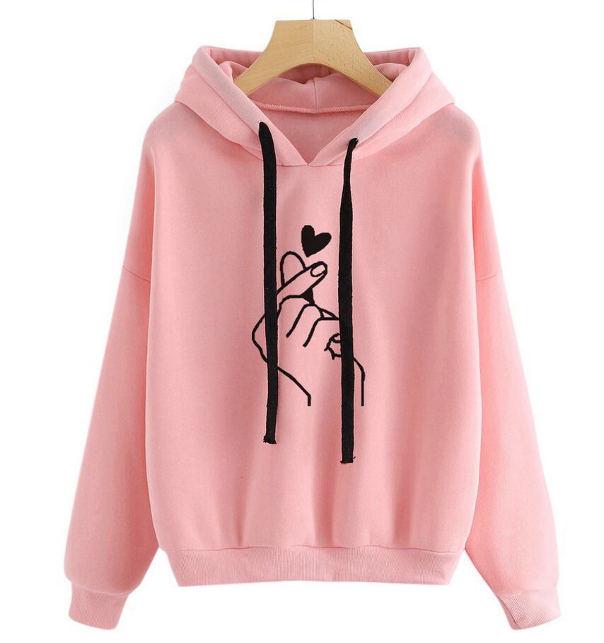 New Fashion Women Hooded Sweater Casaul Printed Heart Long Sleeve Solid Color Hooded Hoodie Finger Heart Hoodie Pullover Tops Hoodies Coat