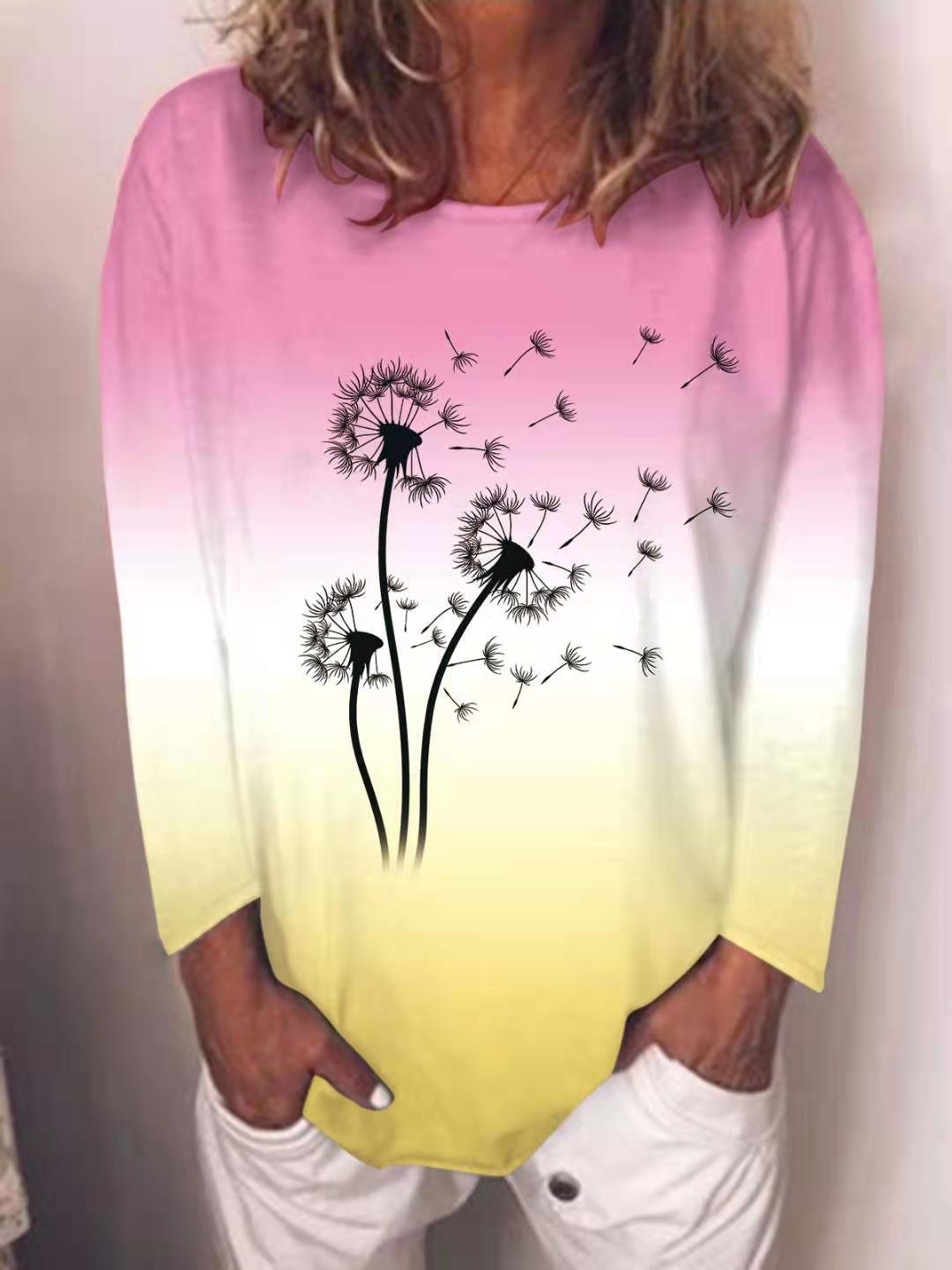 Autumn Women's New Product Tops, Novel Dandelion Pattern Gradient Printed Long Sleeve Top