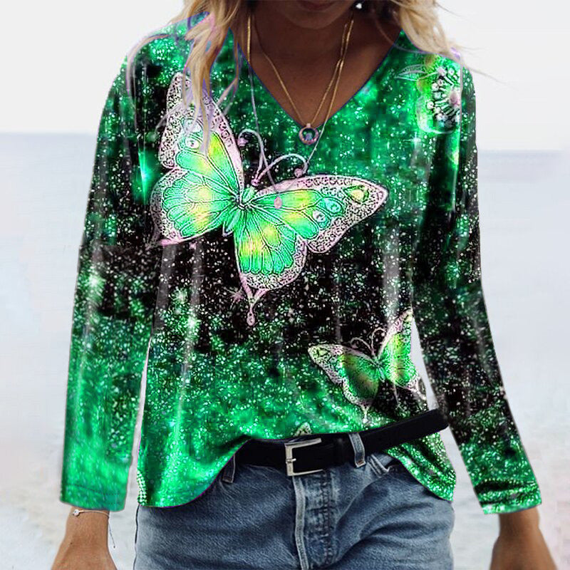 Women's Fashion Autumn T Shirt Casual V-Neck Long Sleeve Butterfly Printing T-Shirts Ladies Loose Plus Size Tops Tee Shirt Femme