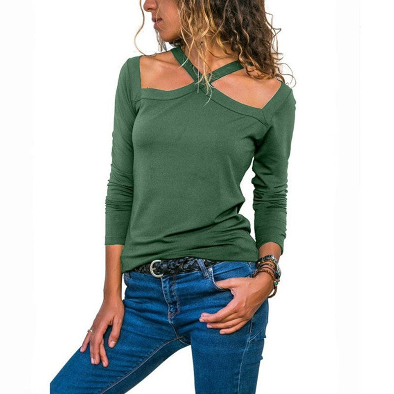 spring and summer new women's sexy hanging neck strapless long-sleeved T-shirt