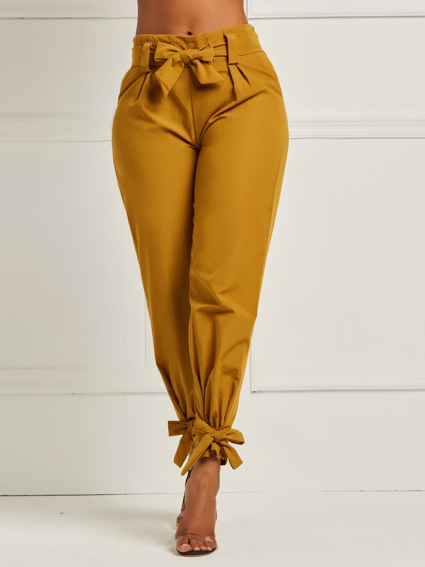 Solid Bowknot Loose Pencil Pants; Mature High Stretch High Waist Pants For Spring & Fall