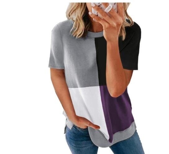 Color Block Short Sleeve T Shirt Round Neck Tunic