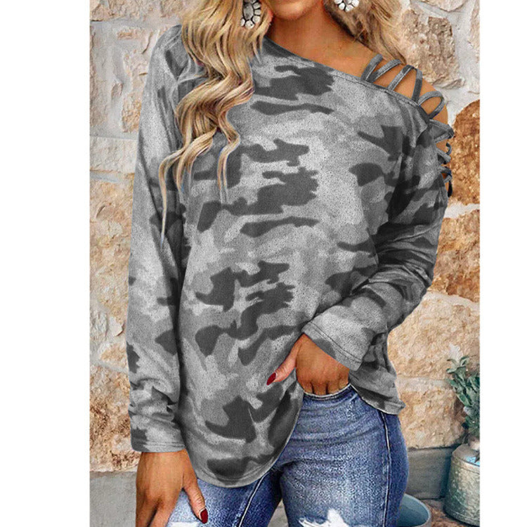 autumn and winter new women's tops off-shoulder camouflage print loose long-sleeved t-shirt