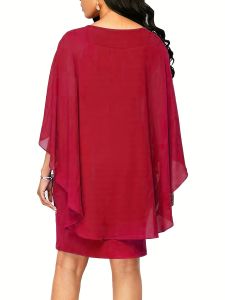 Plus Size Solid Round Neck 3/4 Sleeve Cape Midi Dress; Women's Plus Elegant Slight Stretch Cape Midi Dress