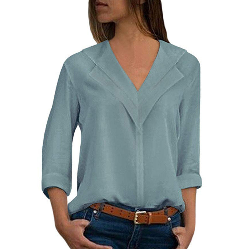 autumn fashion solid color V-neck long-sleeved chiffon shirt blouse