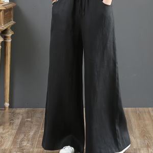 Solid Color Literary Cotton Linen Wide Leg Pants; Women's Trousers