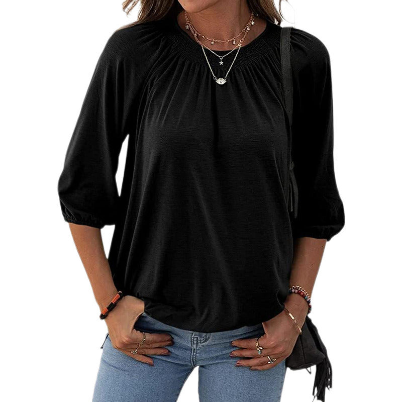 Fall Elegant Temperament Cotton Turtleneck Round Neck Loose Women's T-shirt