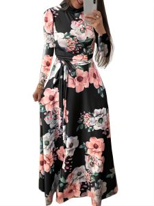 Plus Size Floral Print High Neck Maxi Dress; Women's Plus Medium Stretch Round Neck Long Dress