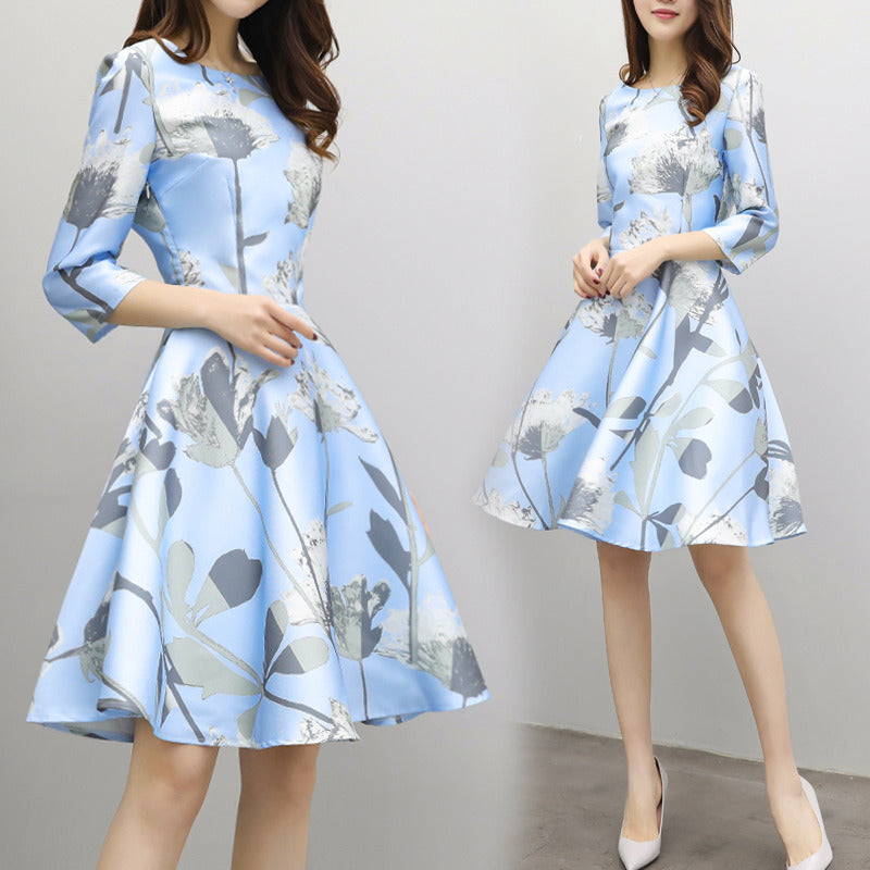 new women's fashion simple print seven-point sleeves large dress