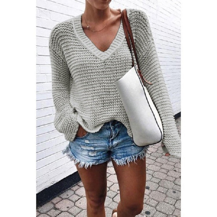 Women V-neck Sweater Knitting Warm Long Sleeve Loose Casual Sexy Top