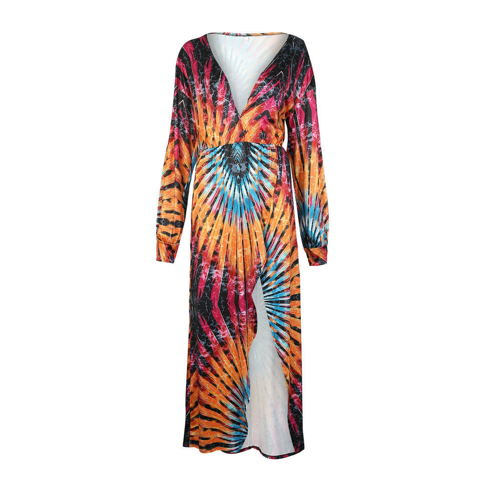 Fashion Autumn Hot Sale Dress Sexy V-neck Slim Print Open Dress