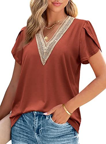 2023 Women's Summer Tops Casual Guipure Lace V Neck Short Petal Sleeve Shirts Tees T Shirt