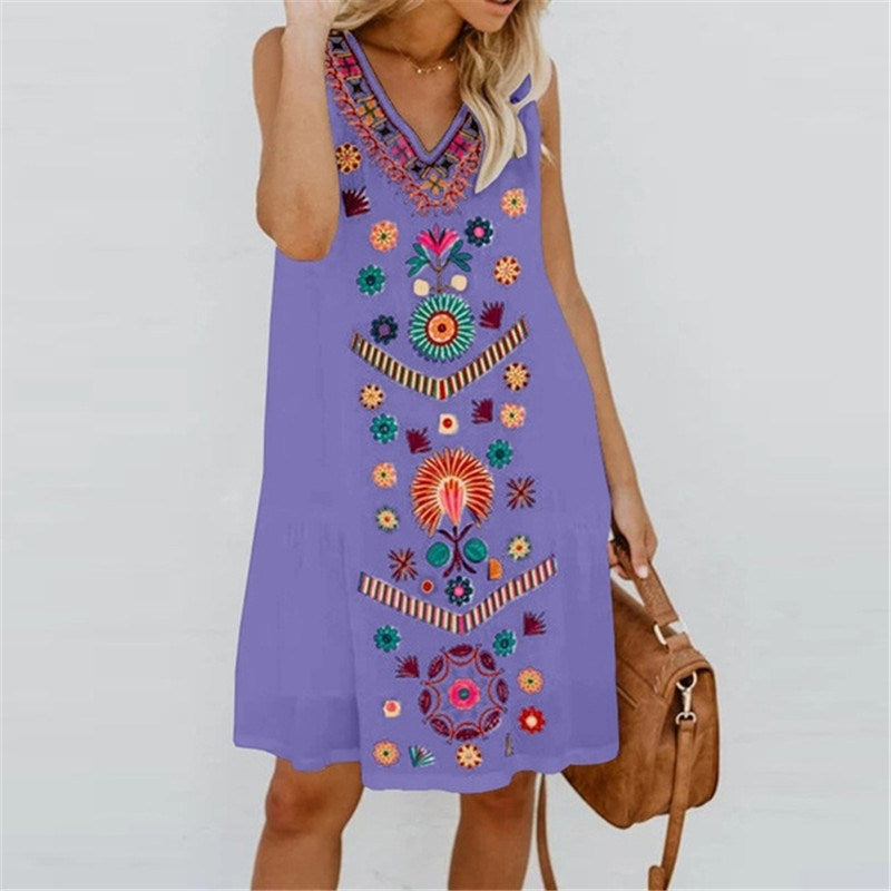 summer women's new V-neck print sleeveless loose dress