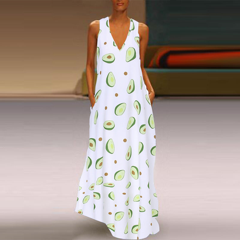 Avocado Printed Vest V-neck Dress Long Skirt Dress Women's Clothing