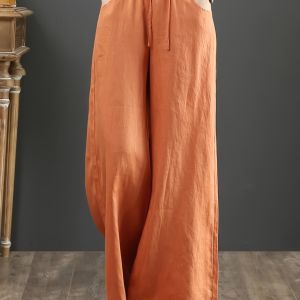 Solid Color Literary Cotton Linen Wide Leg Pants; Women's Trousers