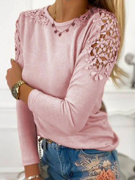 Spring New Solid Color Slim Lace Hollow Long-sleeved T-shirt