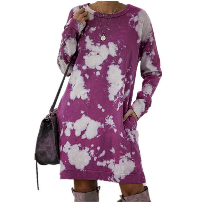 Summer New Style Women's Tie-dye Printing Gradient Long-sleeved Round Neck Dress