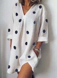 Spring and Summer Linen Loose V-neck Print Cropped Sleeves Split Dress