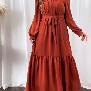 Plus Size Shirred Square Neck Lantern Sleeve Smock Maxi Dress; Women's Plus Solid Elegant Long Dress