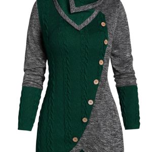 Plus Size Colorblock Jacquard Button Decor Lapel Collar Dress; Women's Plus Medium Stretch Dress