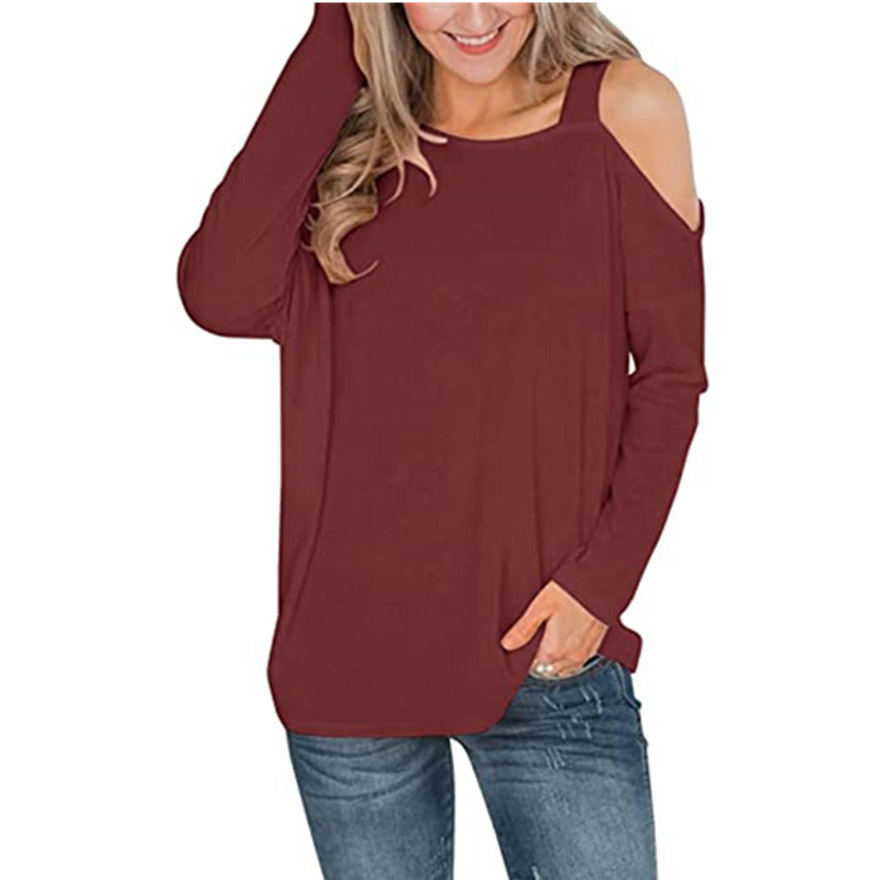 Autumn and Winter New Women's Clothing Solid Color Strapless Fashion Versatile Loose Long-sleeved T-shirt