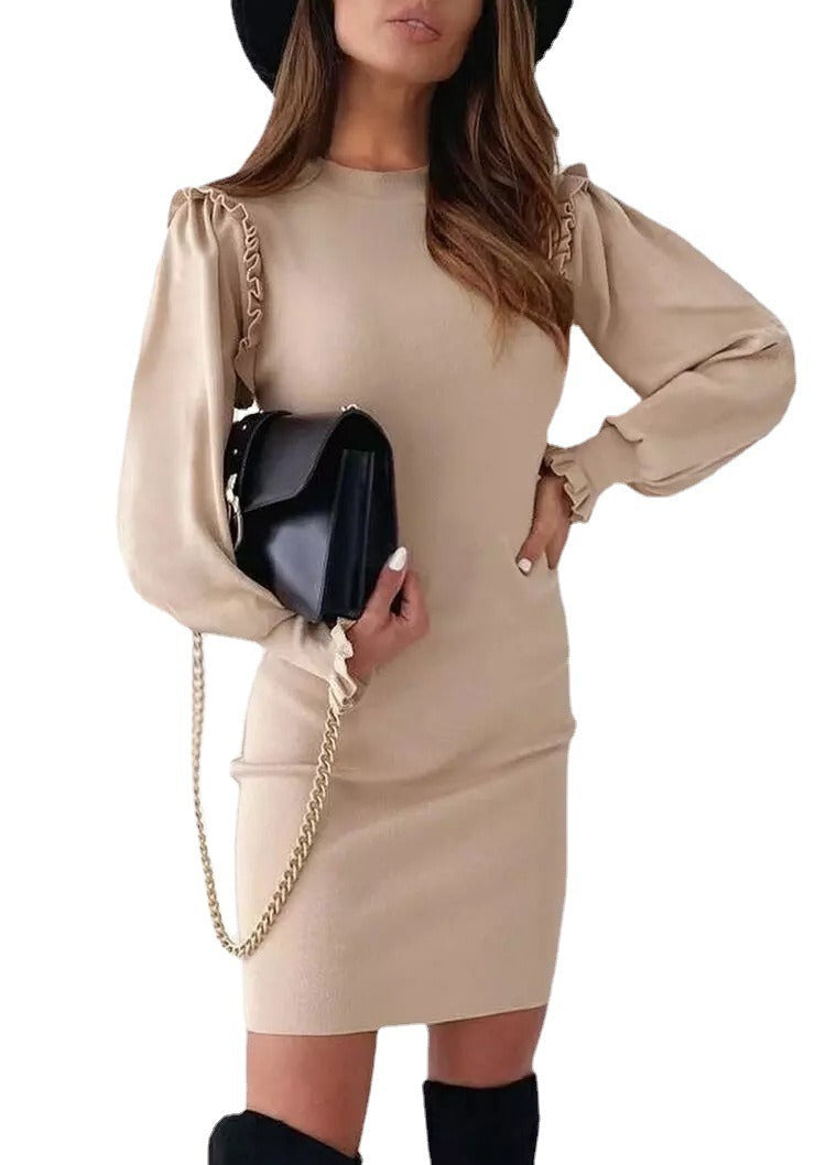 Autumn and winter new women's solid color round neck lotus leaf sleeve slim long-sleeved dress