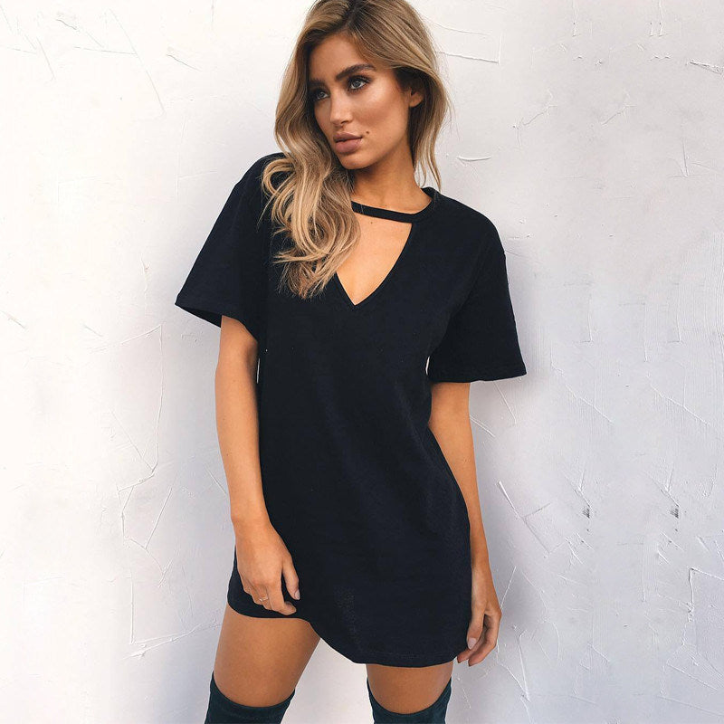 European and American fashion women's sexy deep V-neck short-sleeved loose casual dress