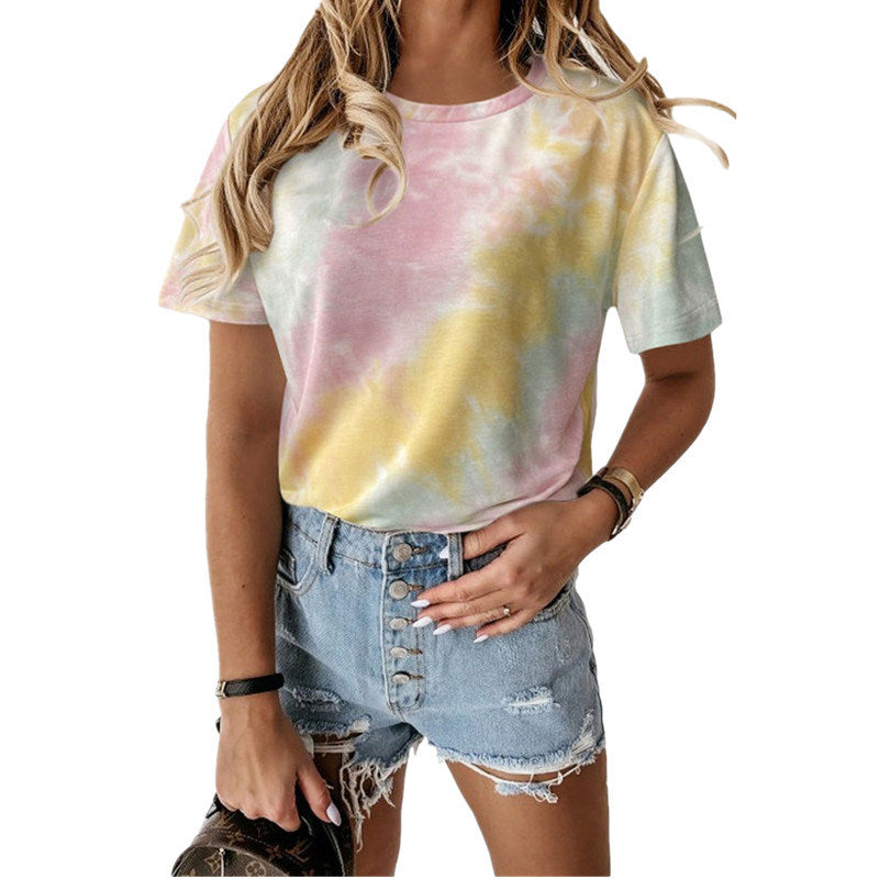 Summer Women's Fashion New T-shirt Loose Round Neck Short Sleeve Printed Tie-Dye T-Shirt Top