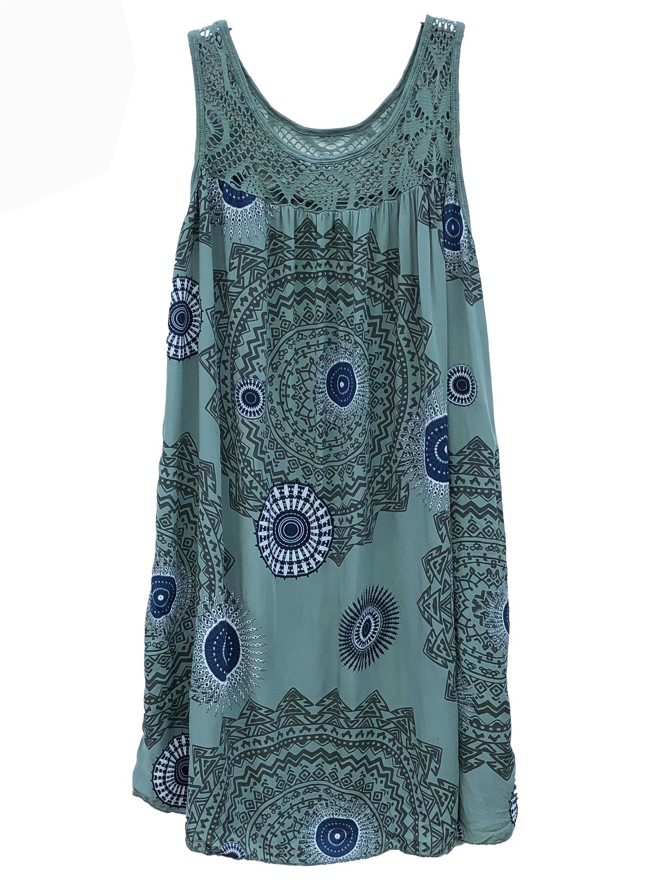 Plus Size Casual Tank Dress; Women's Plus Floral Print Eyelet Embroidered Round Neck Maxi Tank Dress