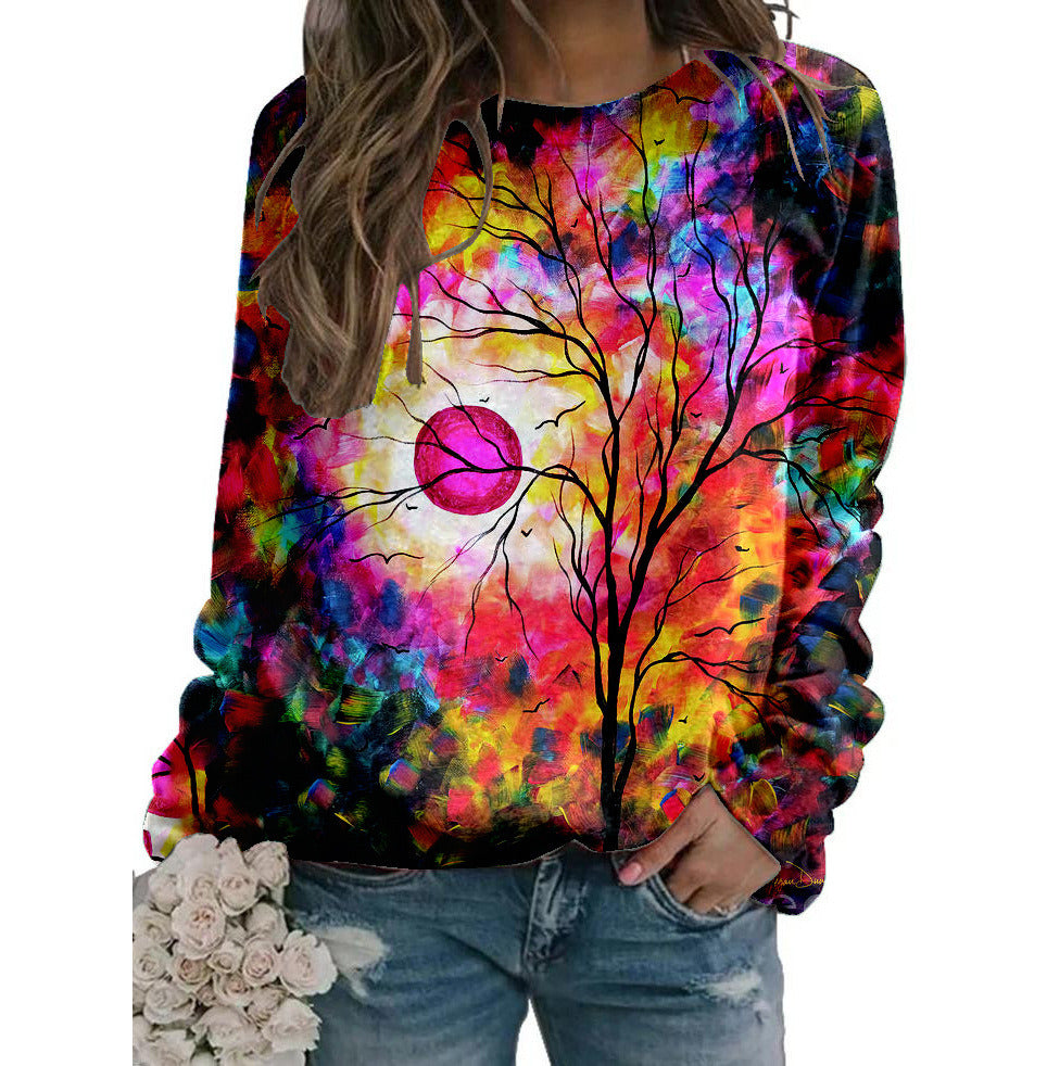 Women's Fall Winter New Hoodie Printed Round Neck Long Sleeve Loose Sweater