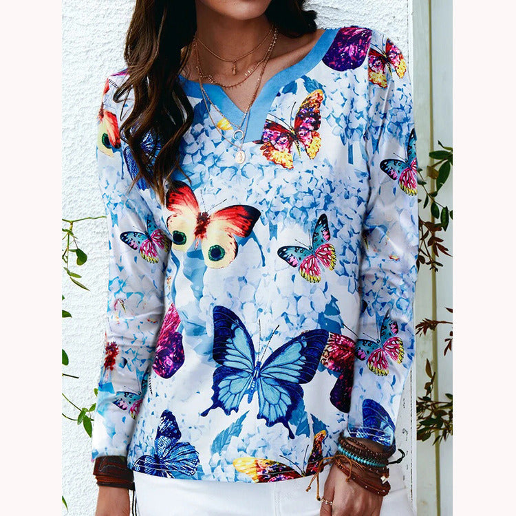 fashion women's fall/winter new loose V-neck butterfly print long-sleeved t-shirt