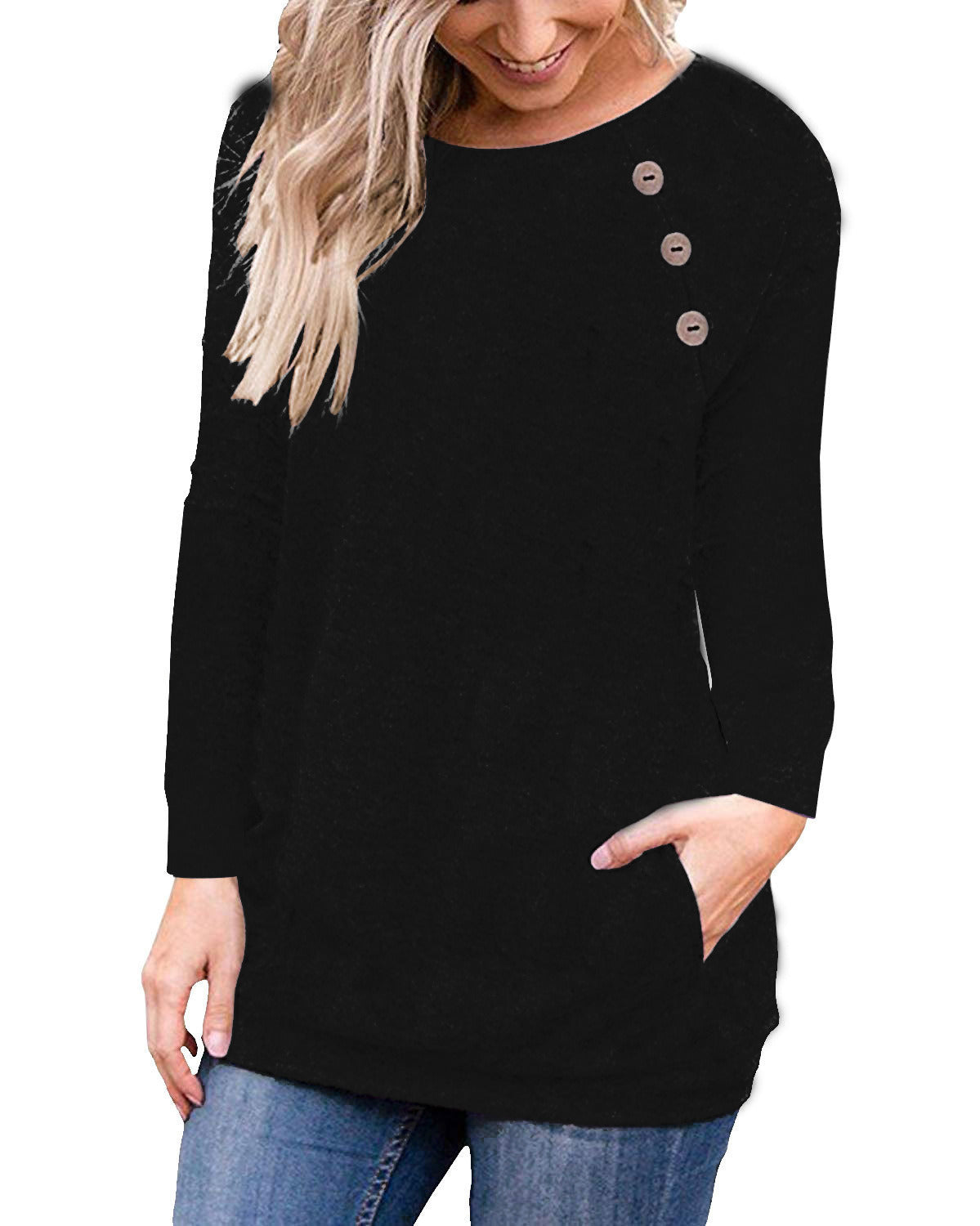 Women's Round Neck Long Sleeve Top Button Stitching Shirt With Pocket