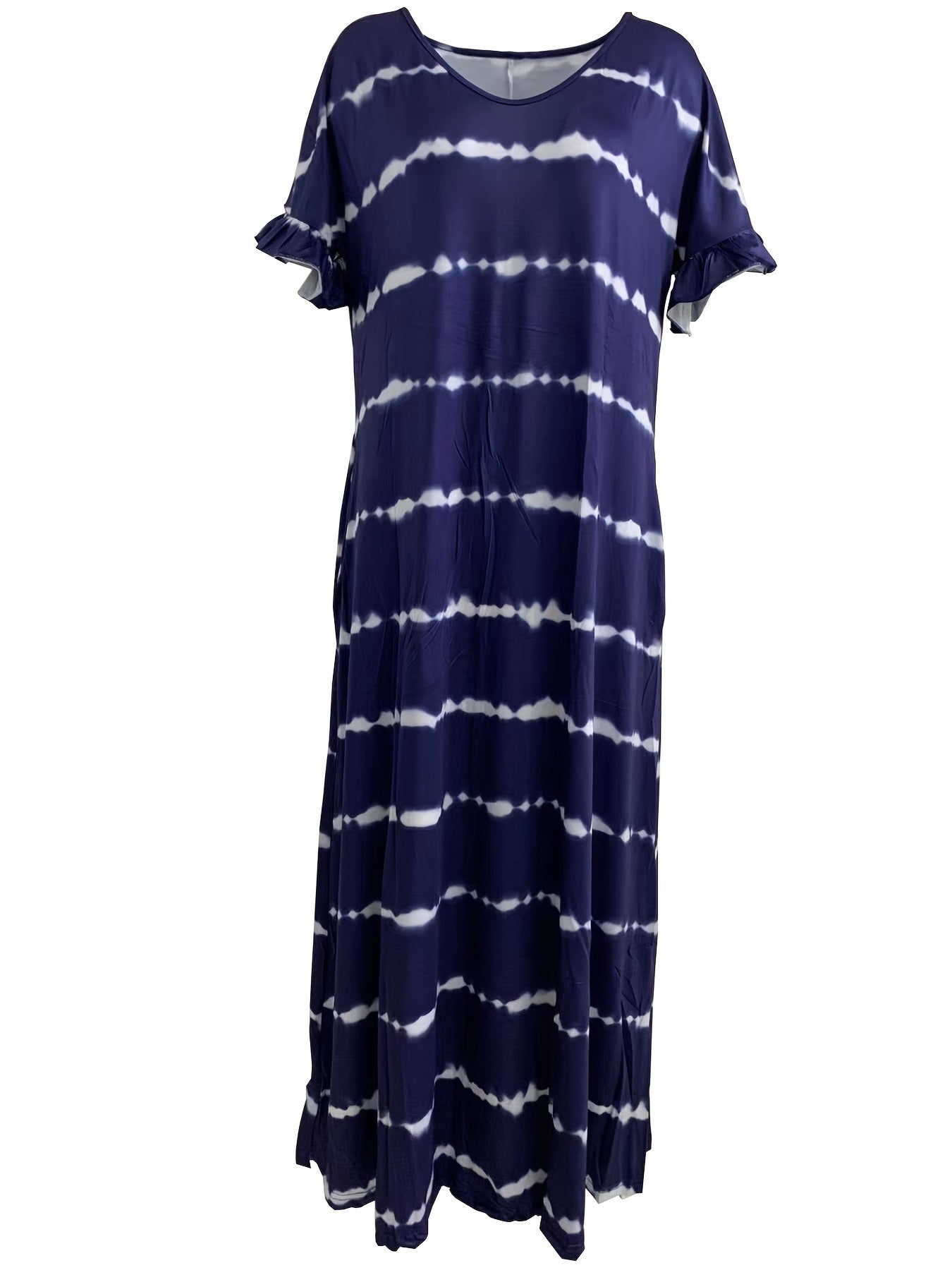 Plus Size Causal Dress; Women's Plus Striped Round Neck Ruffle Short Sleeve Tee Dress