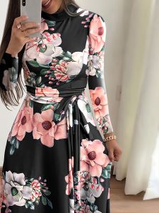 Plus Size Floral Print High Neck Maxi Dress; Women's Plus Medium Stretch Round Neck Long Dress