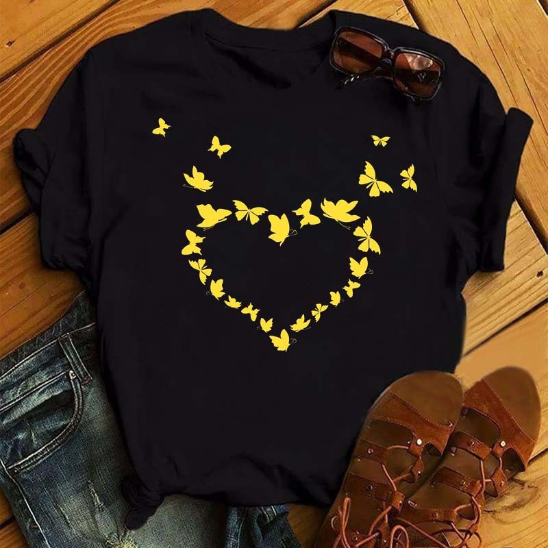 Watercolor Butterfly Heart Printed T Shirt New Women Black T-Shirt Harajuku Cute Graphic Tee Shirt Ladies Casual Female Tops Tee