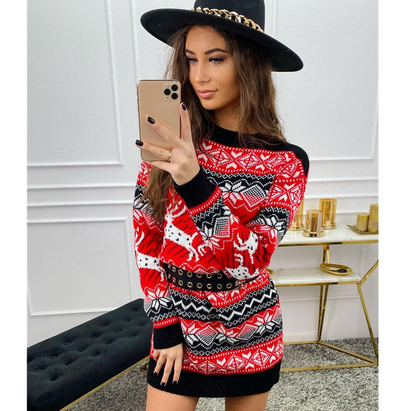 2021 Christmas New Sweater Elk Christmas Jacquard Long Sleeve Woolen Dress