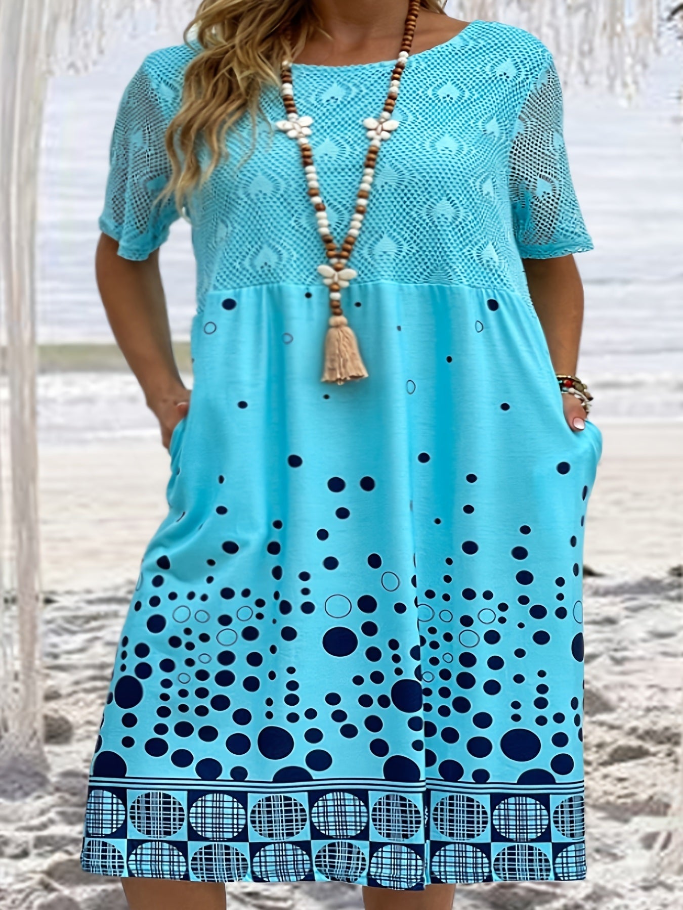 Plus Size Elegant Dress; Women's Plus Contrast Mesh Dot Print Short Sleeve Midi Dress With Pockets