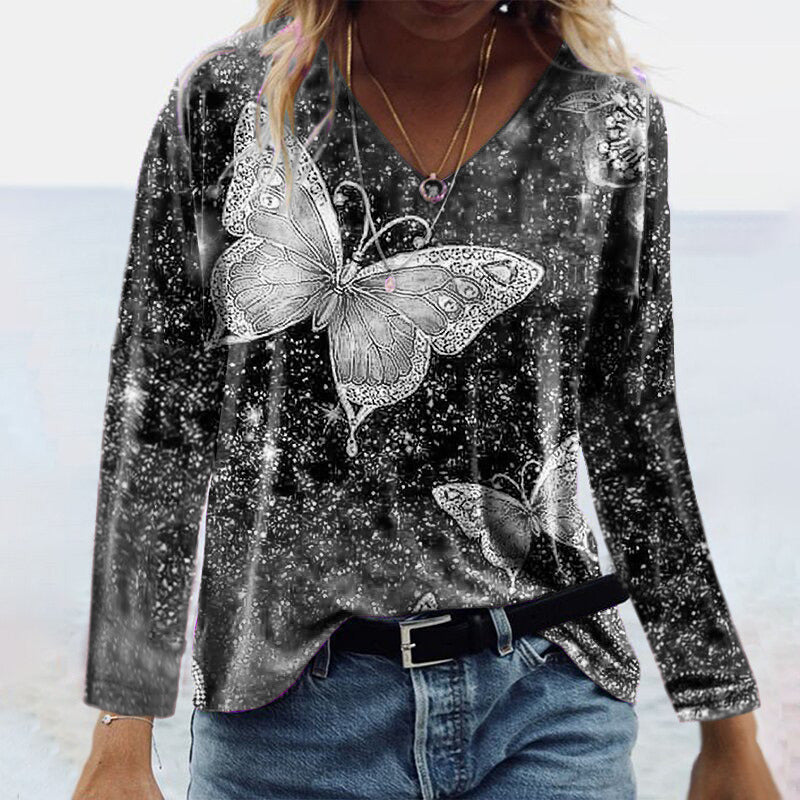 Women's Fashion Autumn T Shirt Casual V-Neck Long Sleeve Butterfly Printing T-Shirts Ladies Loose Plus Size Tops Tee Shirt Femme